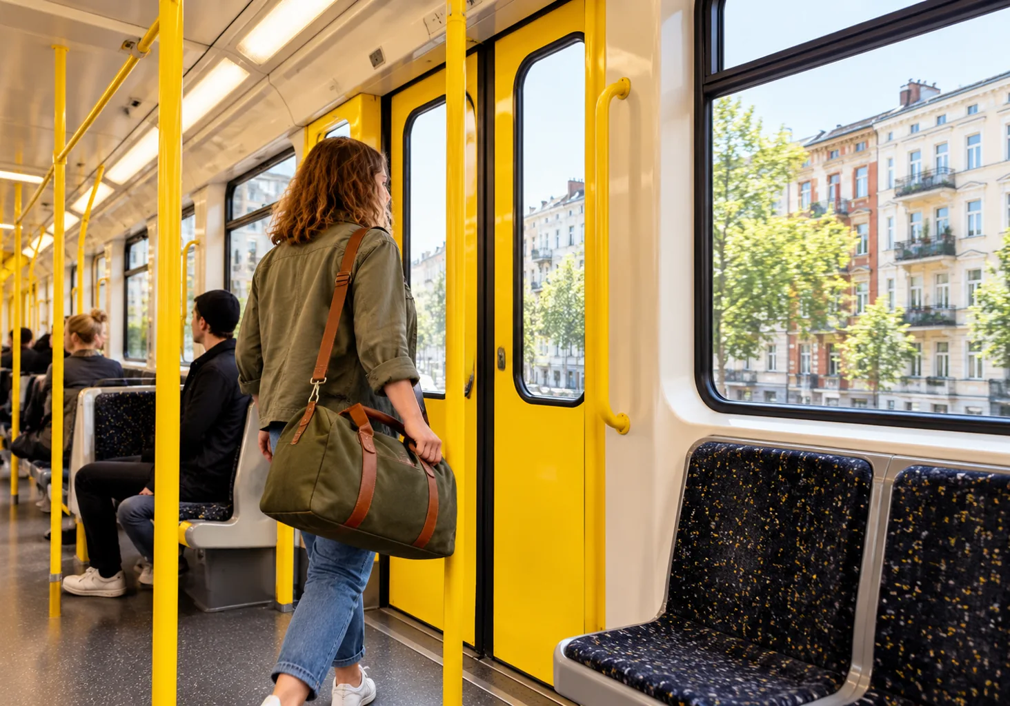 Symbolische KI-Illustration einer Berlin-Anreise mit Wochenendtasche in einem U-Bahn-Wagen mit gelben Haltestangen.