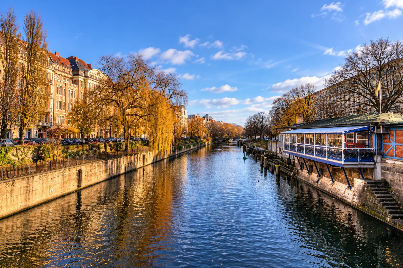 KI-Darstellung des Berliner Landwehrkanals am Maybachufer mit der Ankerklause am rechten Ufer.