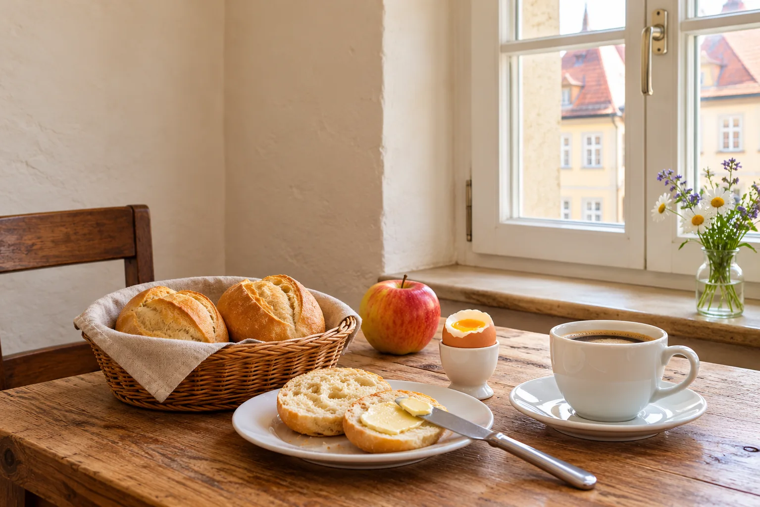 Symbolische KI-Darstellung eines Frühstücks mit Brötchen, Ei, Apfel und Kaffee in einem schlichten Altstadtraum.
