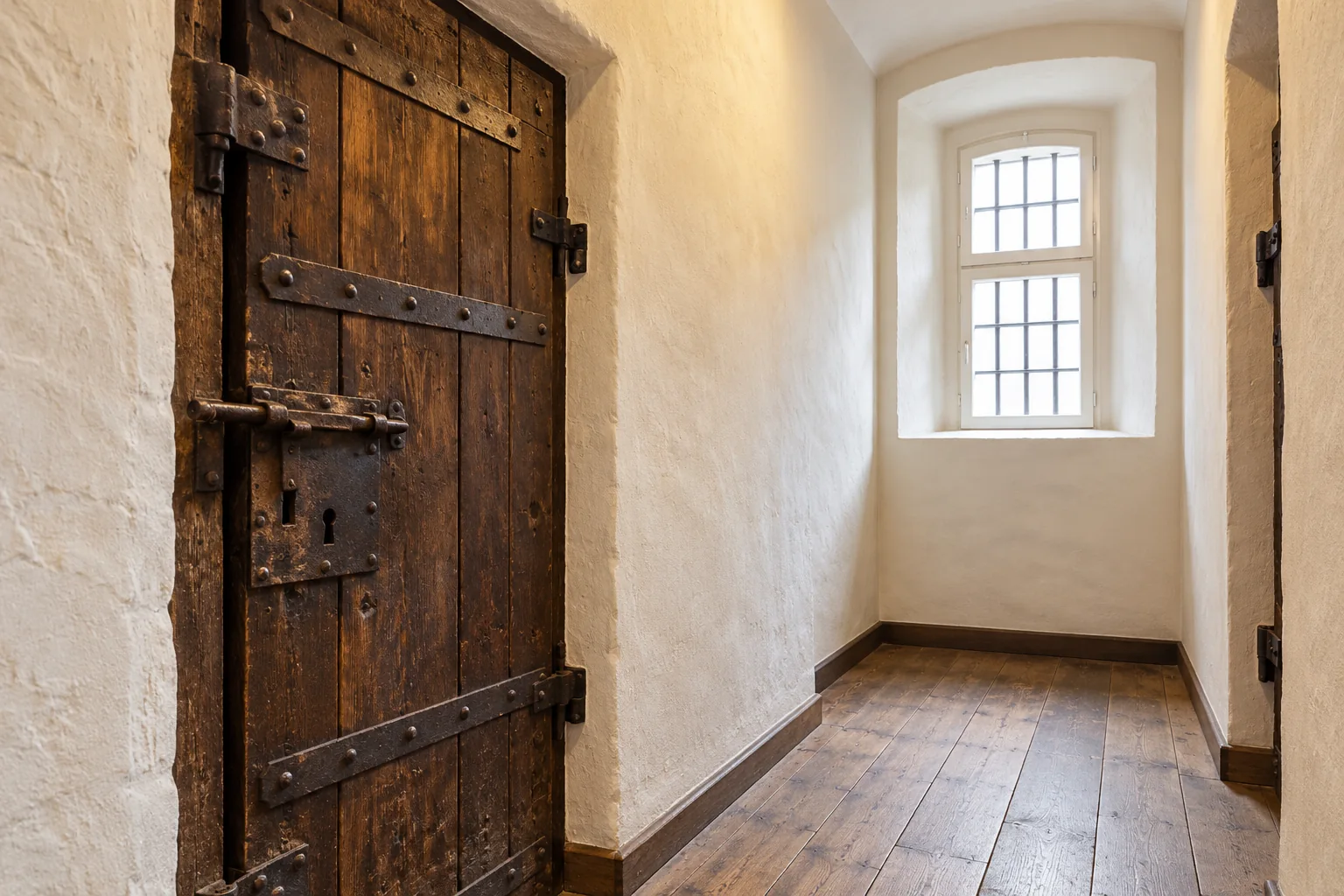 Symbolische KI-Darstellung einer schweren hölzernen Zellentür mit Eisenbeschlägen und kleinem vergittertem Fenster.