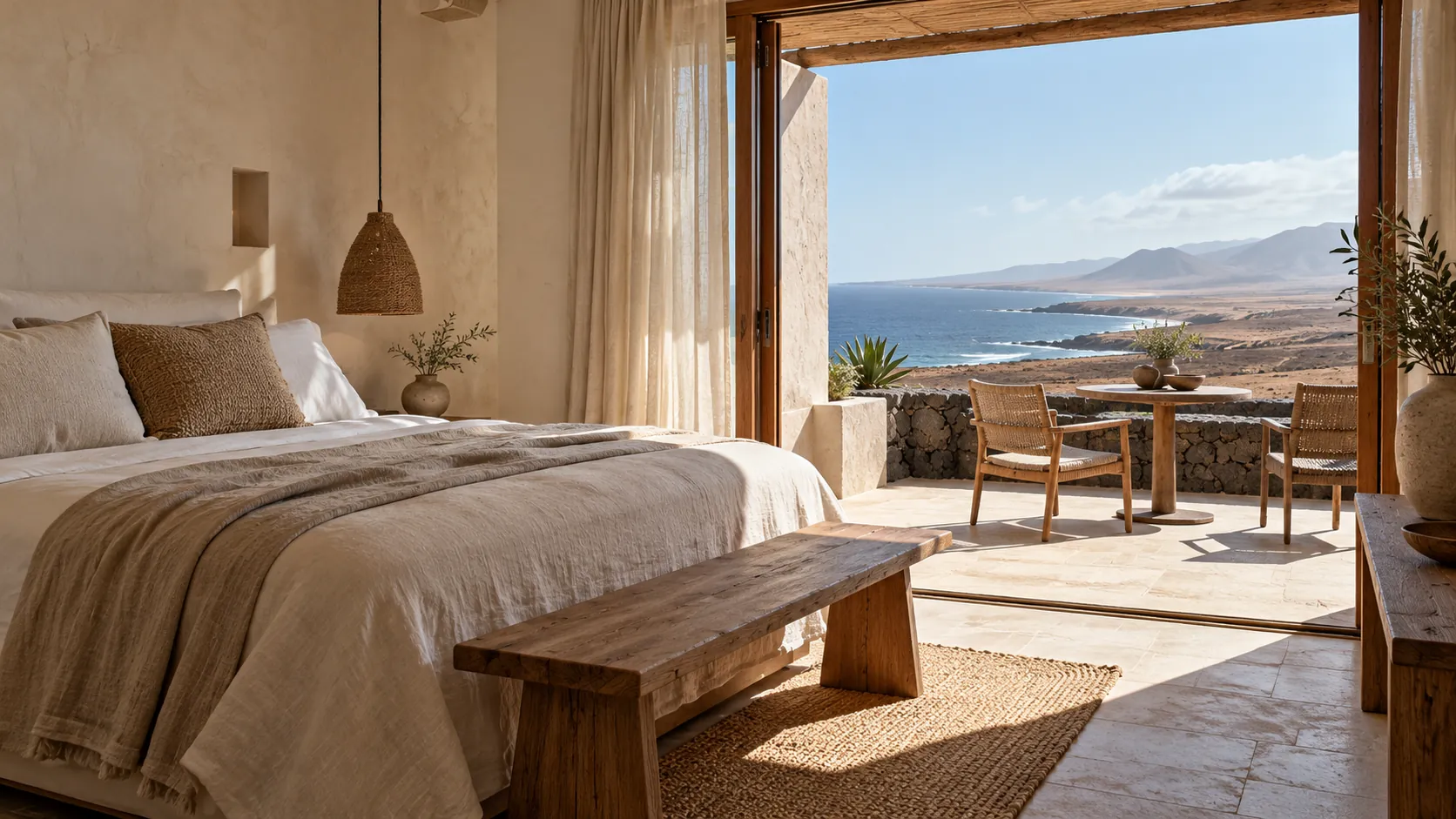 KI-Illustration: Fiktives Hotelzimmer mit Terrasse als Symbolbild für die Hotelsuche auf Fuerteventura