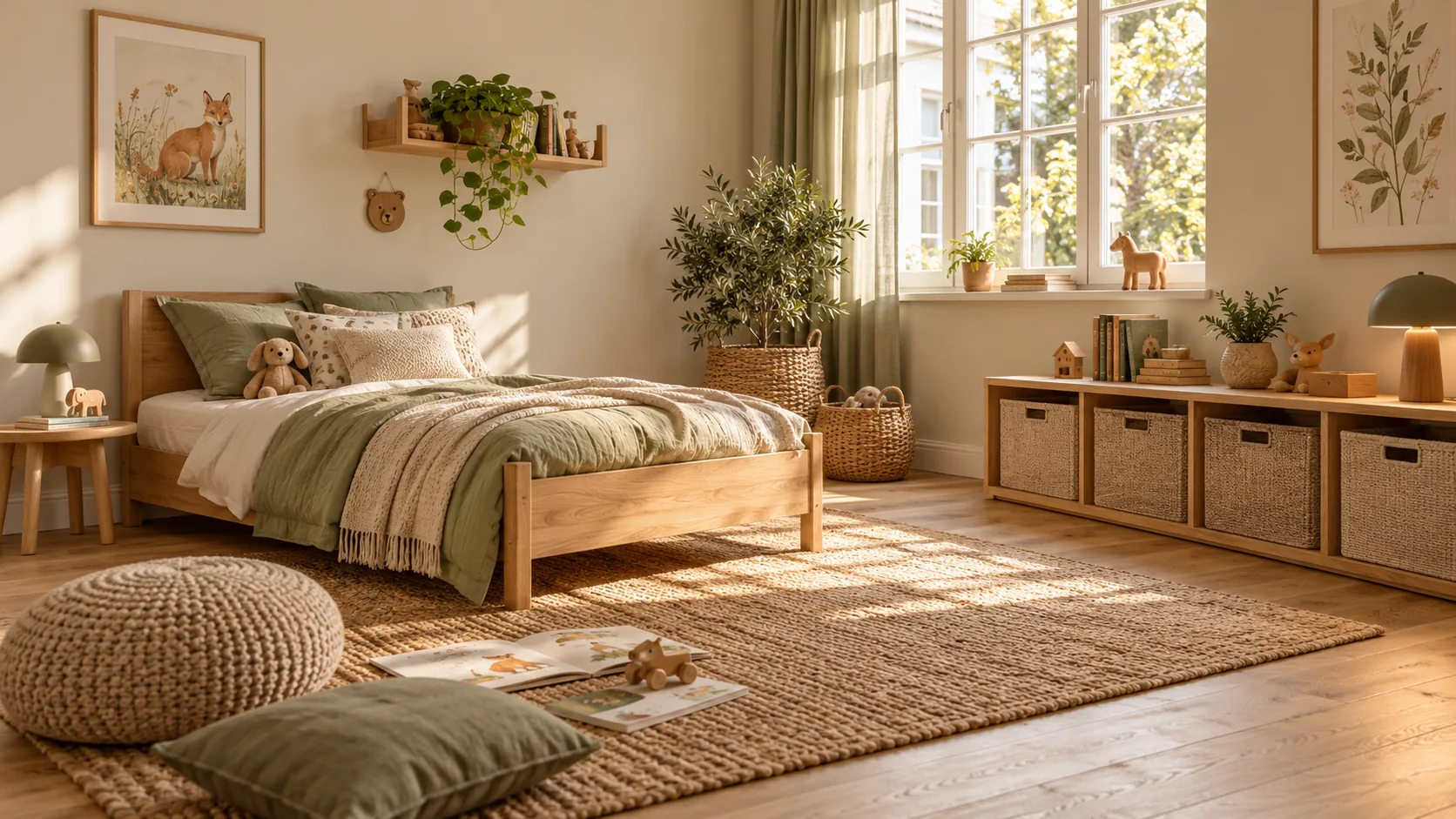 Symbolische Kinderzimmereinrichtung mit Holzbett und niedrigem Stauraummöbel
