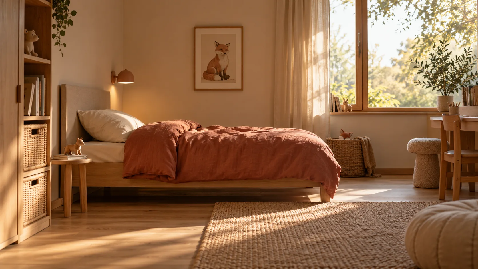 Niedriges Einzelbett für ein größeres Kind mit rostfarbener Bettwäsche
