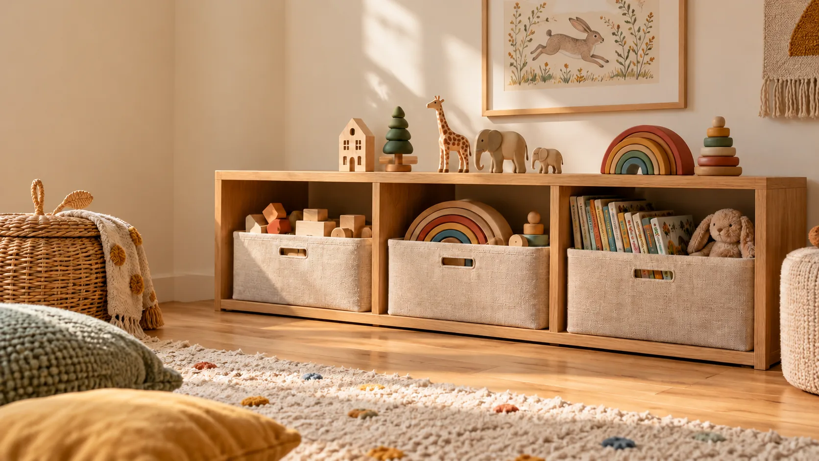 Niedriges Holzregal mit Stoffkörben, Büchern und Holzspielzeug