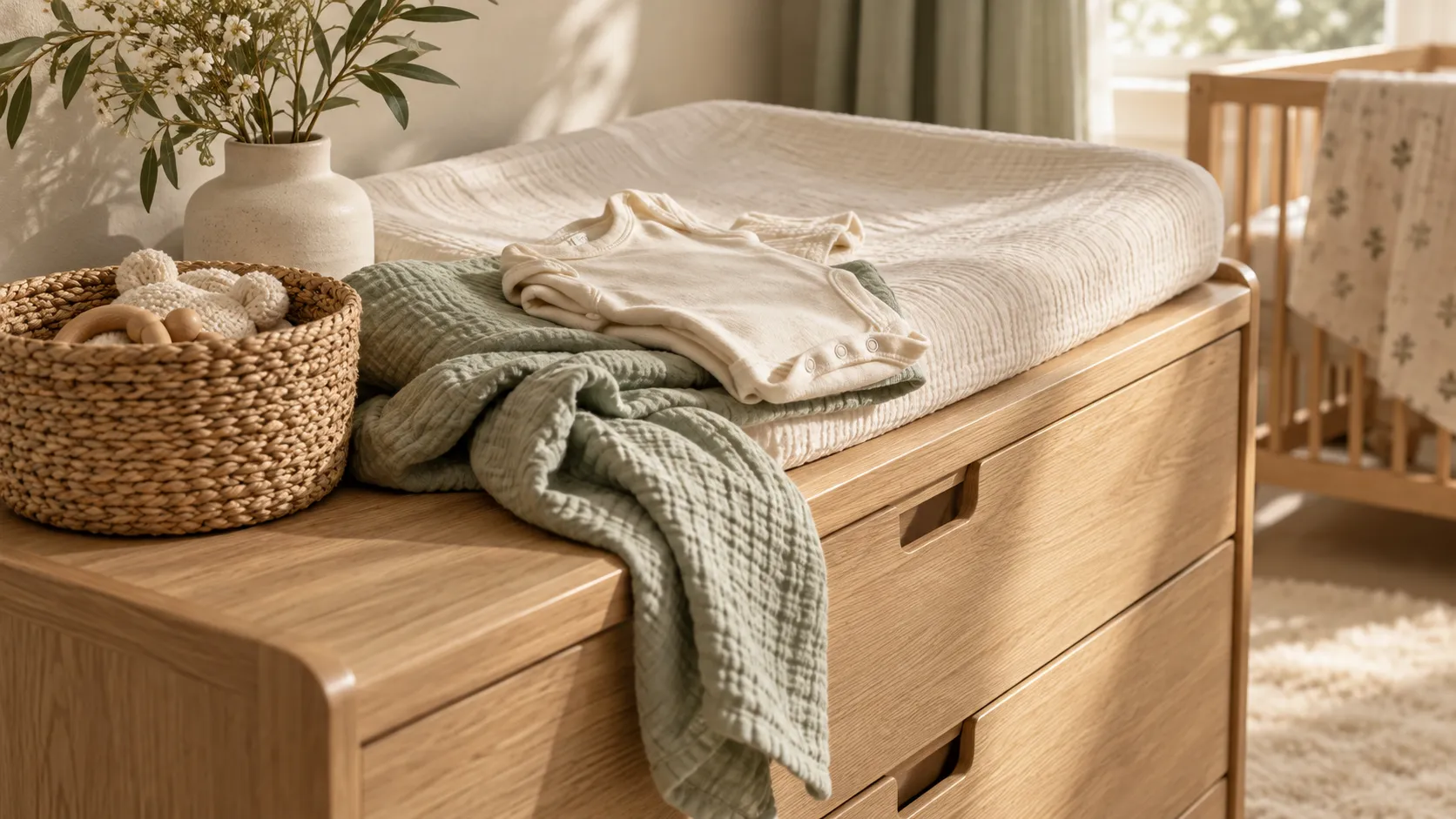 Babykleidung und Musselintuch auf einer Wickelkommode aus hellem Holz