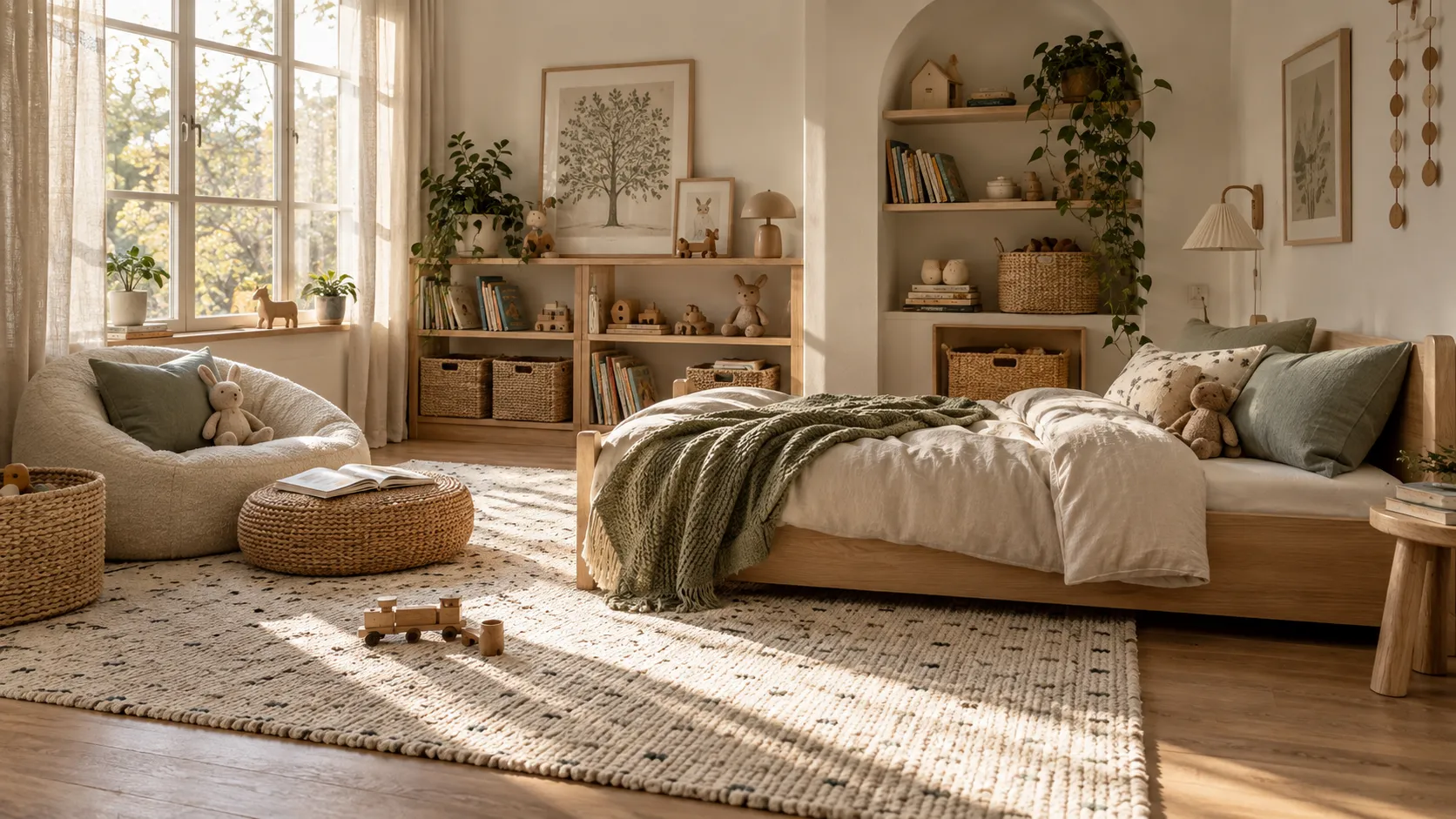 Kinderzimmer mit niedrigem Holzbett, Leseecke und geflochtenen Aufbewahrungskörben