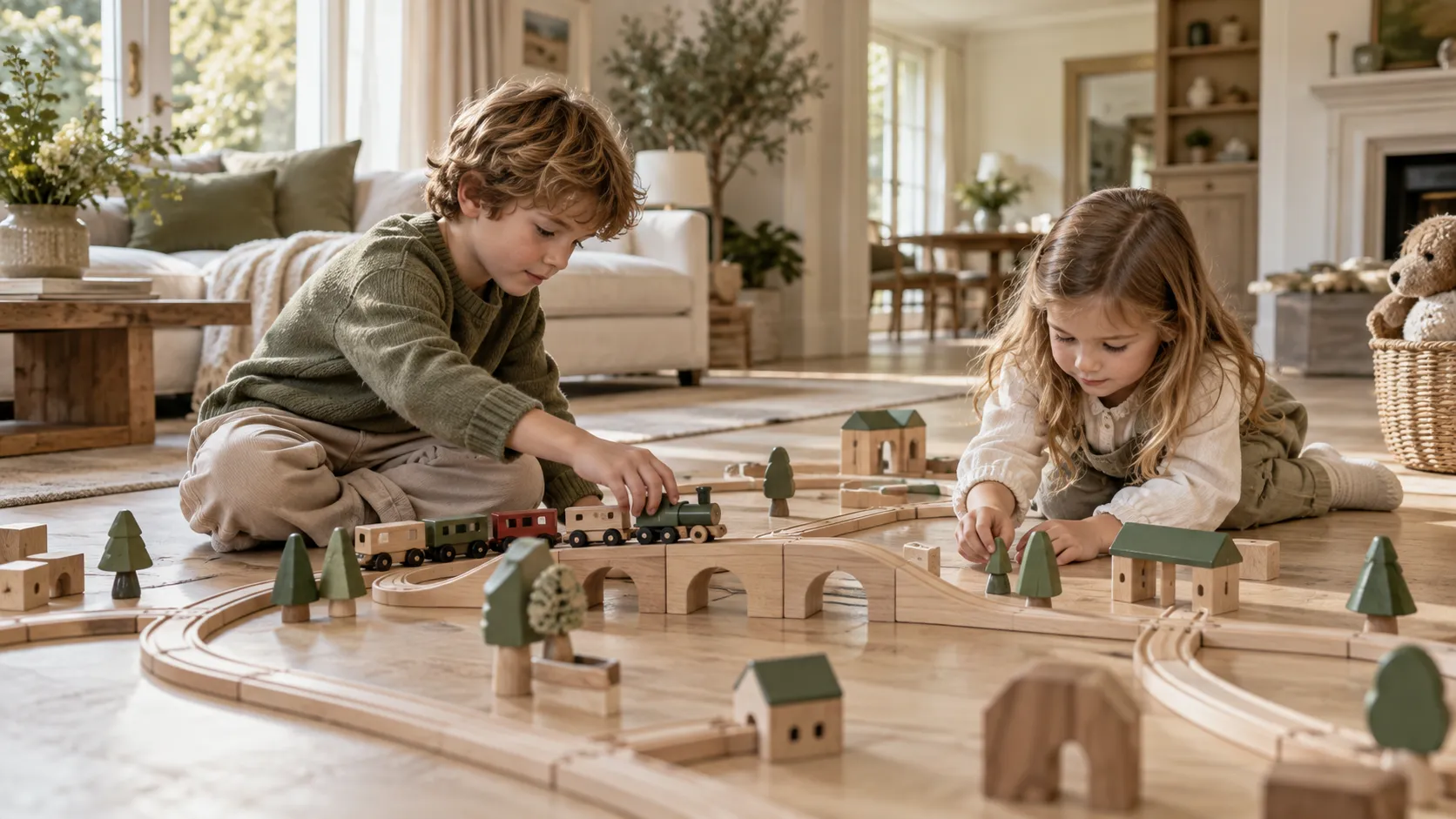 Zwei Kinder spielen mit einer Holzeisenbahn in einem hellen Wohnraum