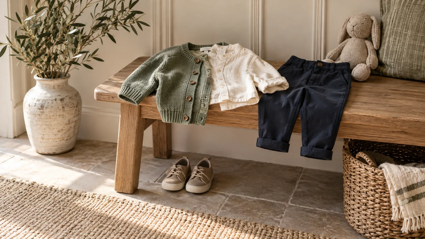 Kinderkleidung auf einer Holzbank mit kleinen Schuhen darunter