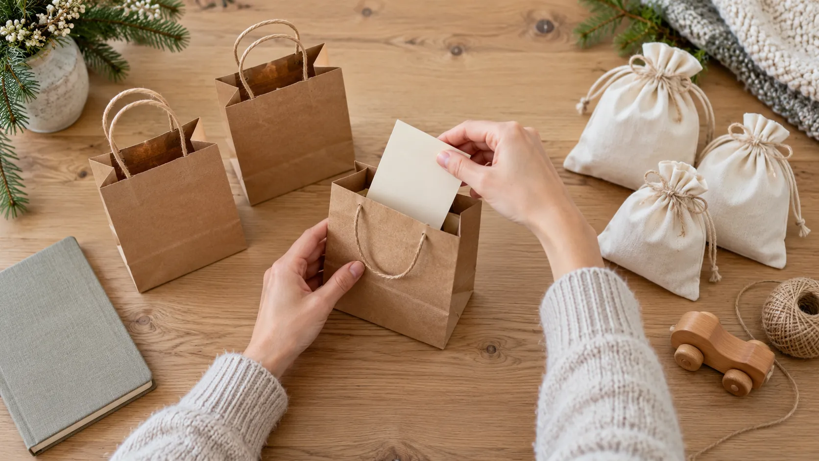Hände stecken eine Karte in eine kleine Geschenktüte neben gefüllten Stoffbeuteln