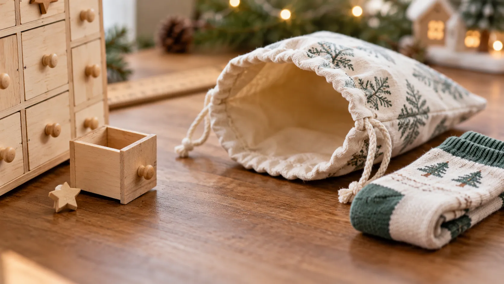 Kleine Holzschublade neben einem größeren Stoffbeutel und Kindersocken