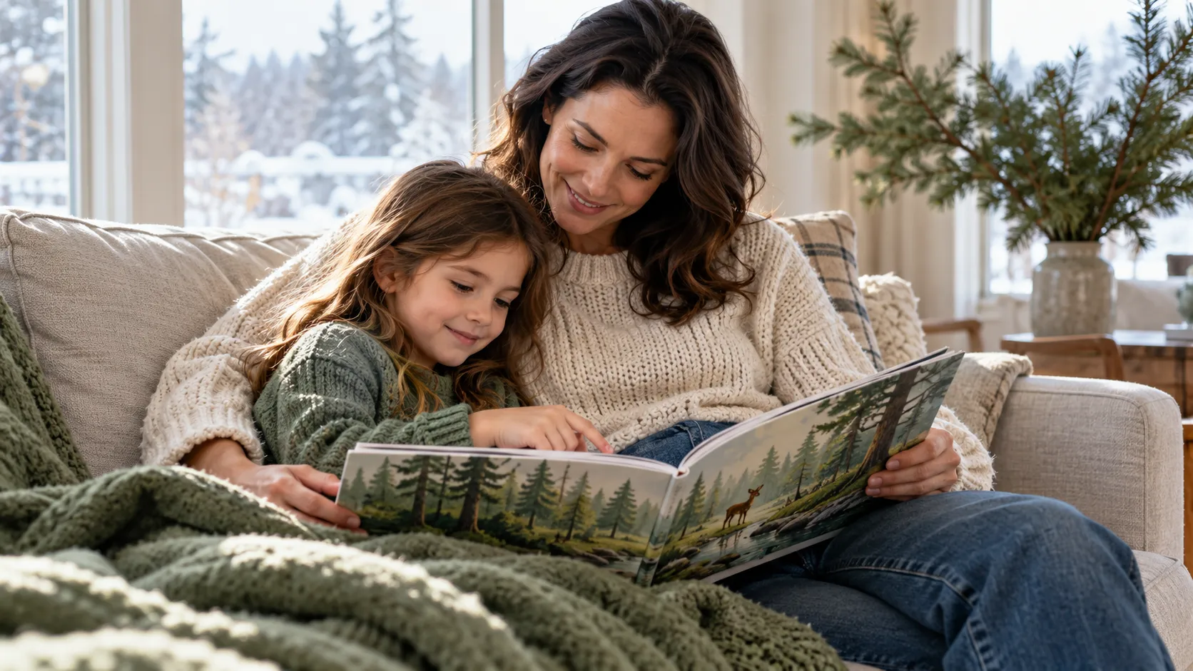 Eine Mutter liest mit ihrem Kind ein Bilderbuch auf dem Sofa