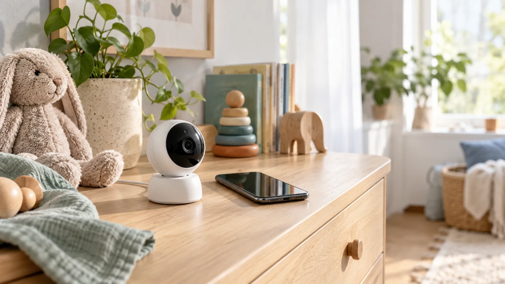 Symbolische Babyphone-Kamera neben einem Smartphone auf einer Kommode