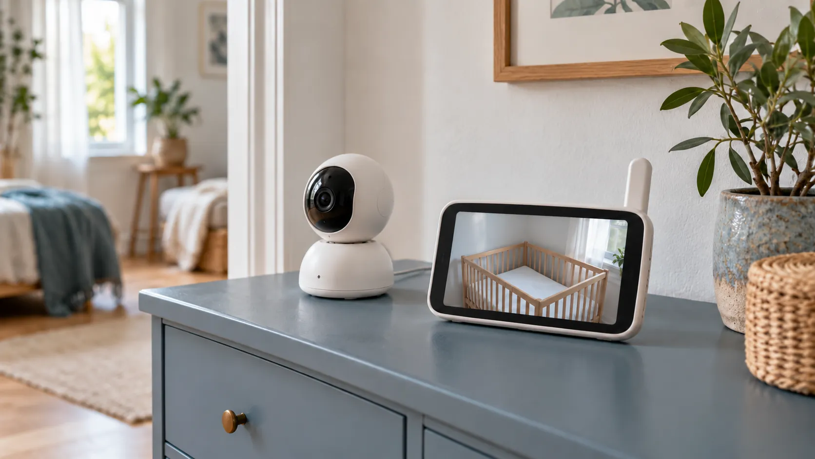 Symbolische Babyphone-Kamera und separate Elterneinheit auf einer blaugrauen Kommode