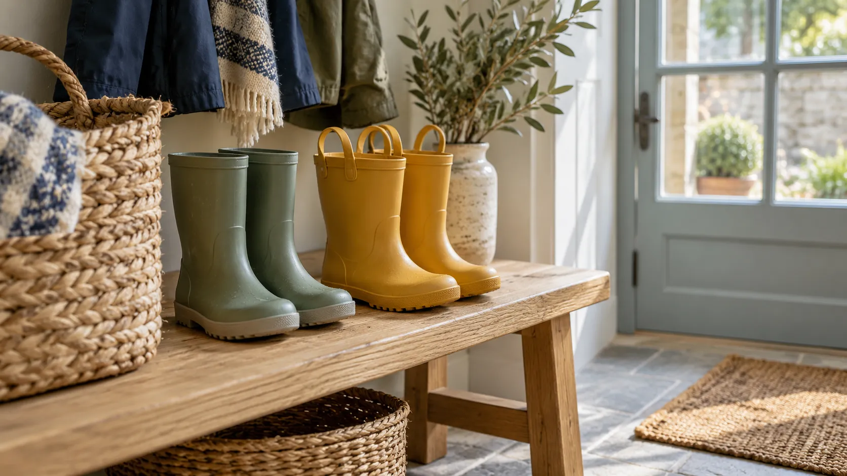 Symbolische grüne und gelbe Kinder-Gummistiefel auf einer Holzbank