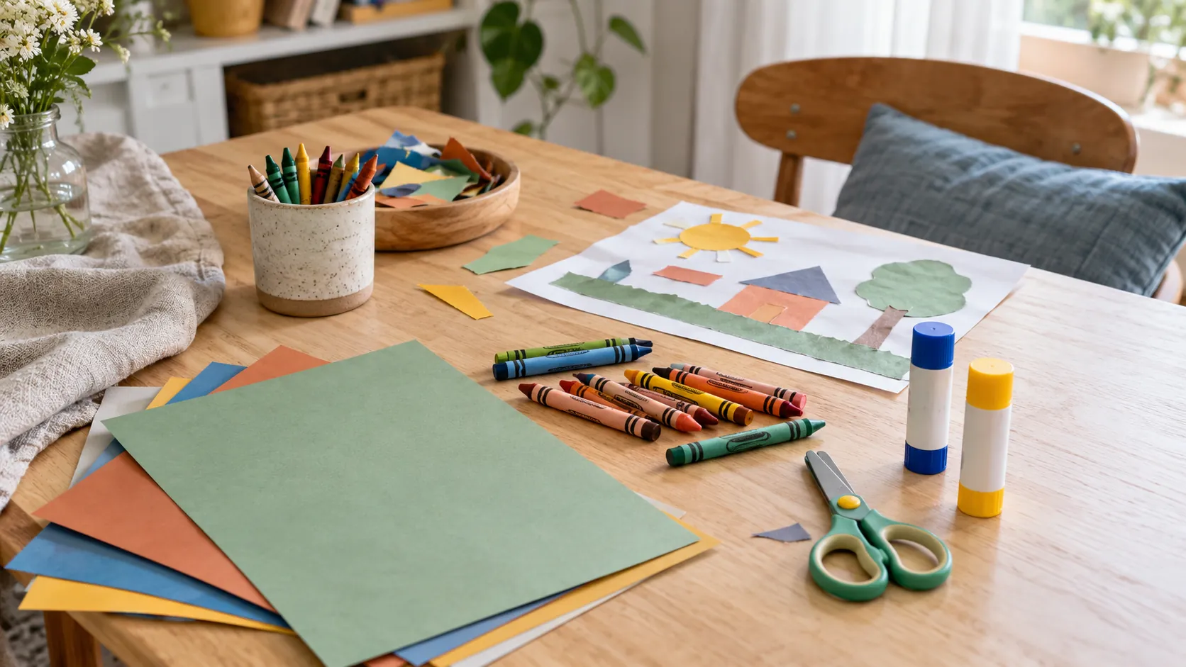 Symbolisches Bastelmaterial mit Papier, Wachsmalstiften, Klebestiften und Kinderschere