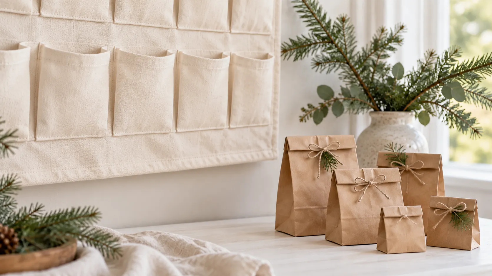 Ausschnitt eines Stoffkalenders neben mehreren Geschenktüten