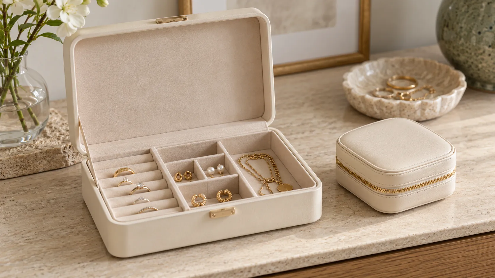 Offene helle Schmuckbox mit getrennten Fächern neben einem kleinen Reiseetui