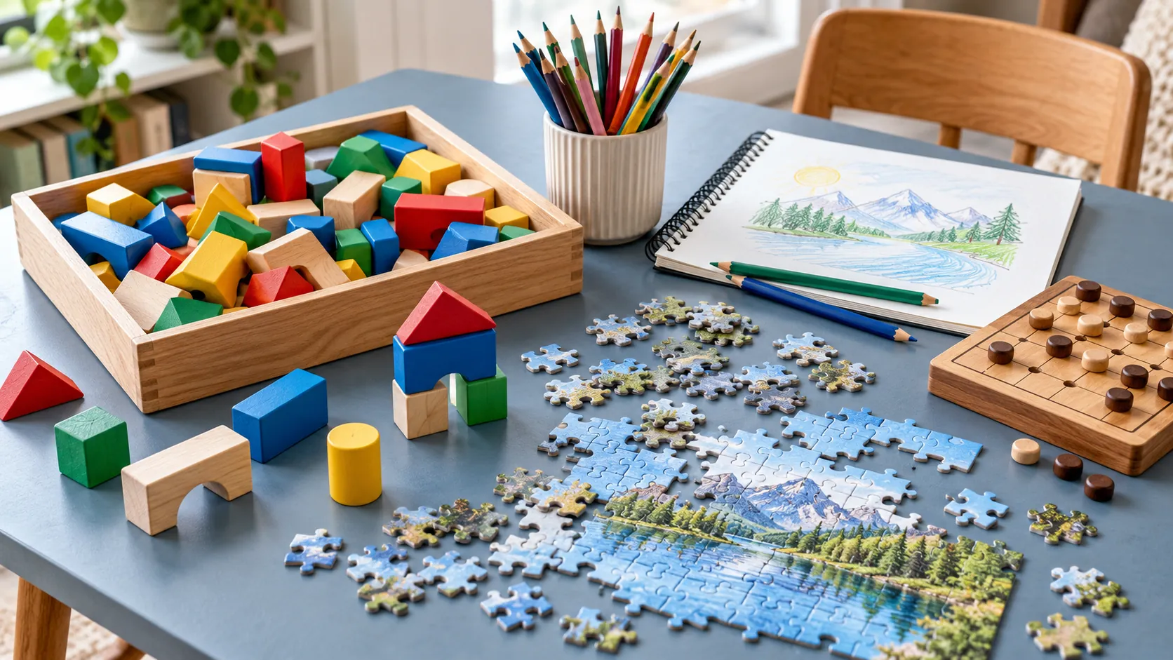 Symbolische Auswahl aus Bausteinen, Puzzle, Stiften und einem Holzbrettspiel