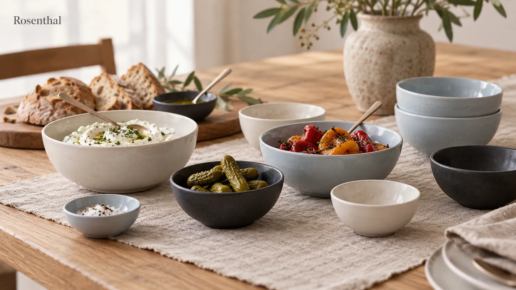 Symbolische Schälchen mit Dips und Beilagen sowie leere Schalen mit dem Schriftzug Rosenthal