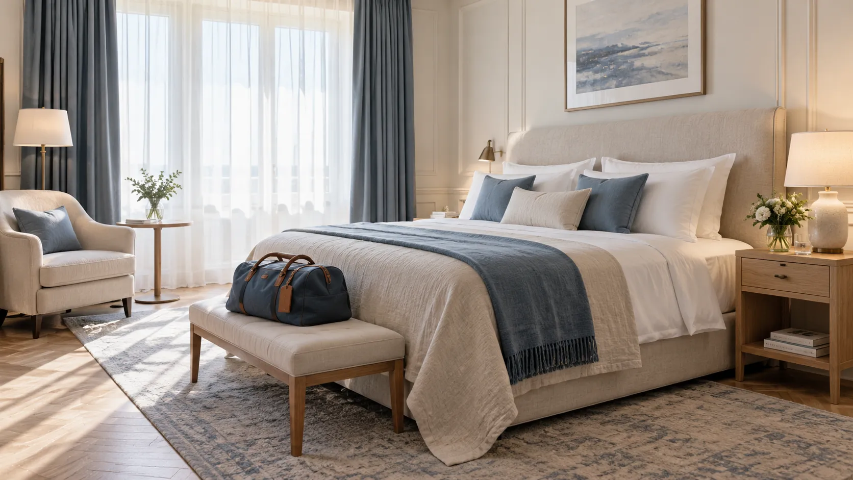 Symbolisches helles Hotelzimmer mit Bett und Reisetasche