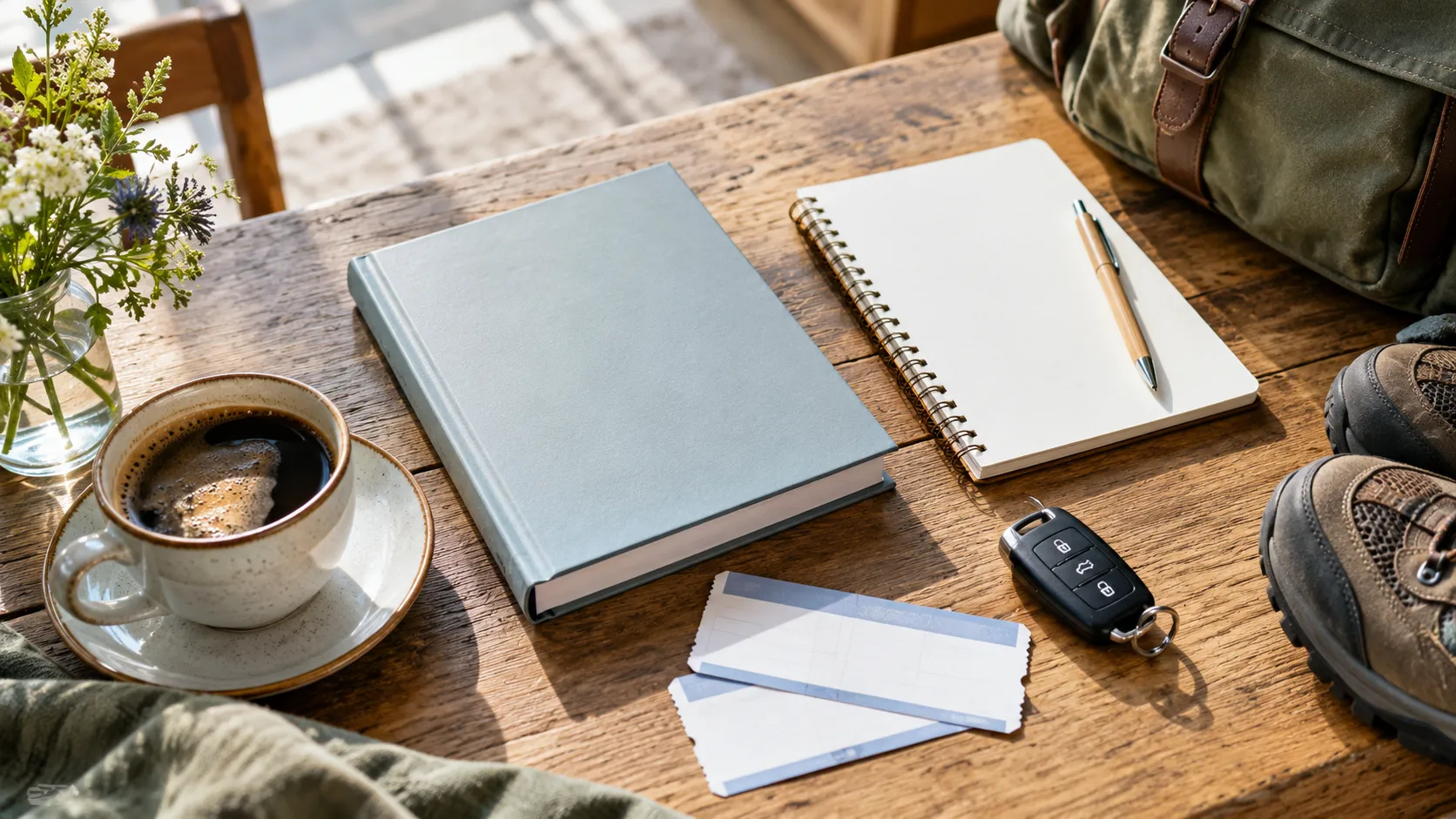 Notizbuch, Reiseführer ohne Beschriftung, Autoschlüssel und Kaffeetasse auf einem Holztisch