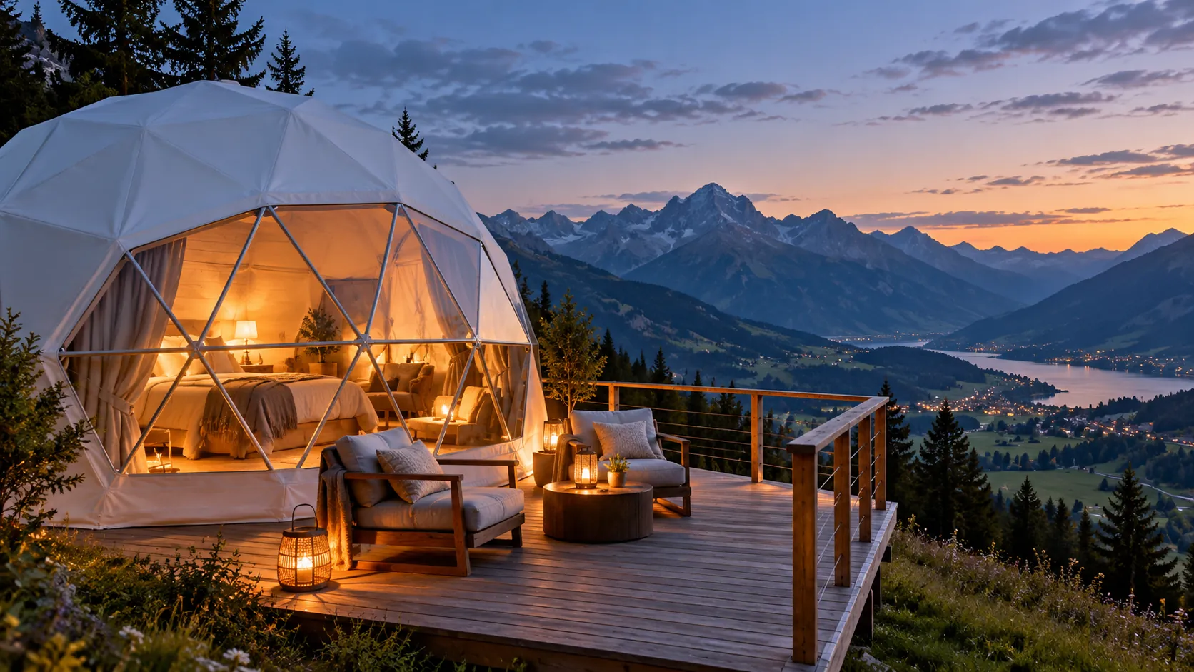 KI-Illustration einer Pod-Terrasse mit Alpenpanorama bei Abendlicht