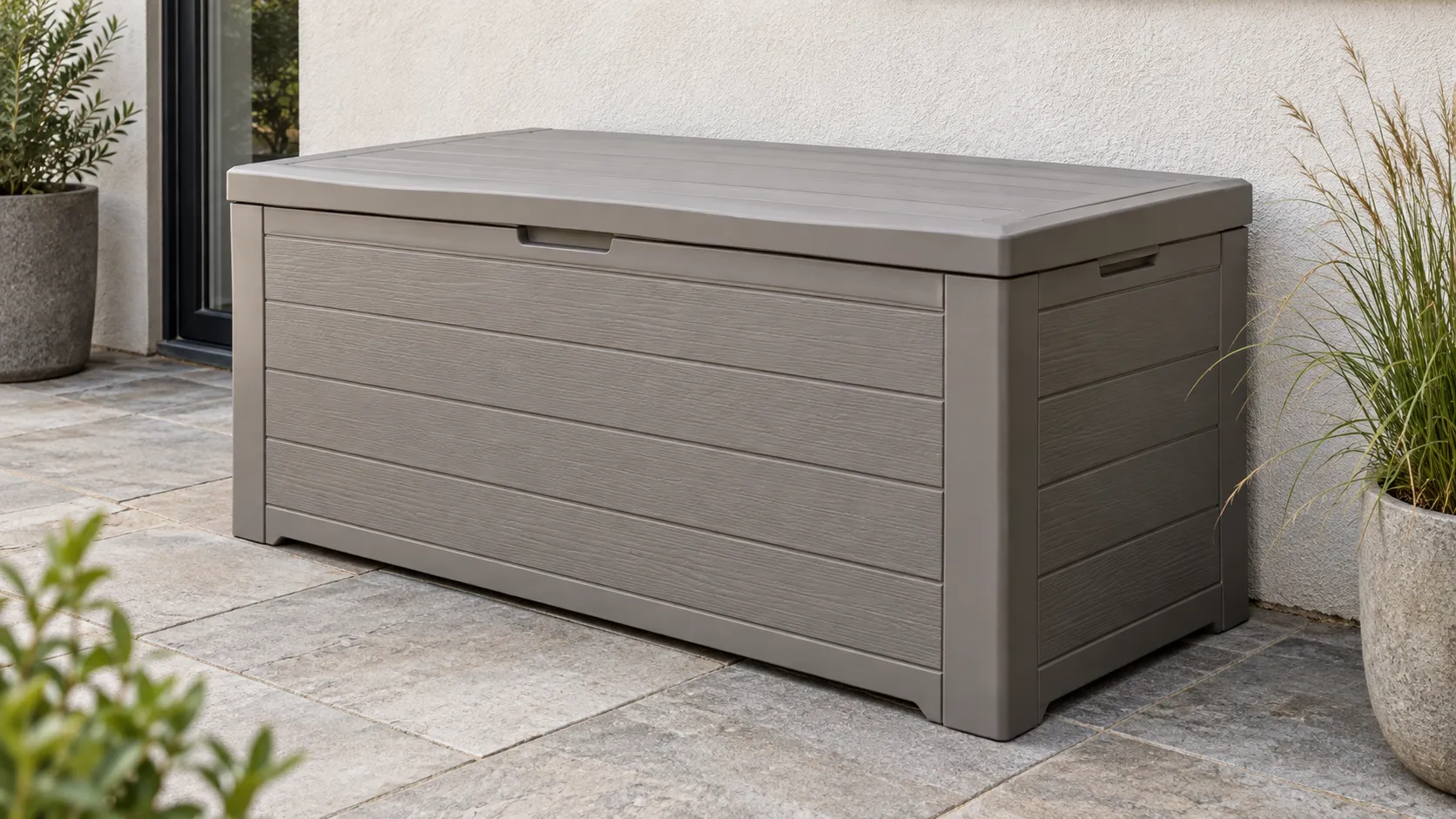 Graubraune Kunststoff-Auflagenbox mit geschlossenem Deckel auf einer Terrasse.