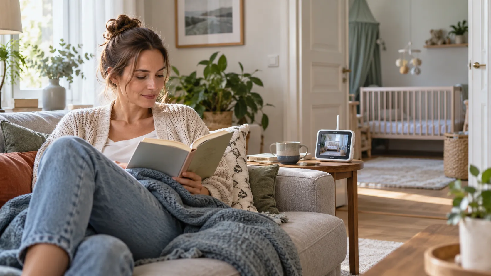 Mutter liest neben einer Babyphone-Elterneinheit im Wohnzimmer vor einem offenen Kinderzimmer