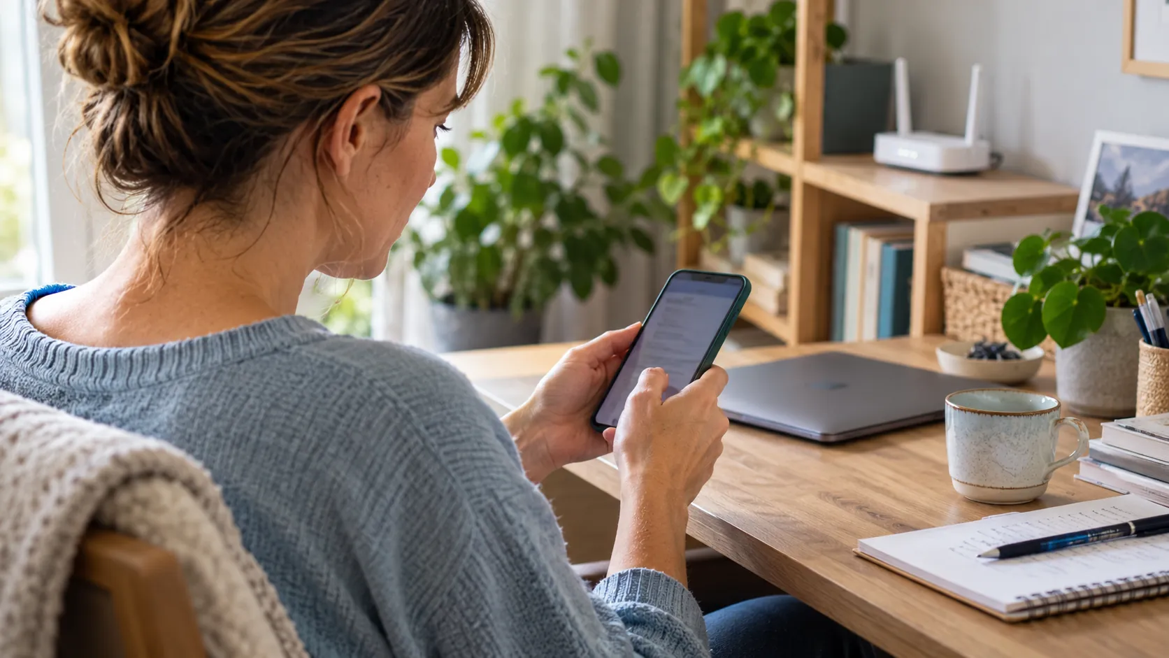 Erwachsene schaut auf ein Smartphone, im Hintergrund steht ein Router