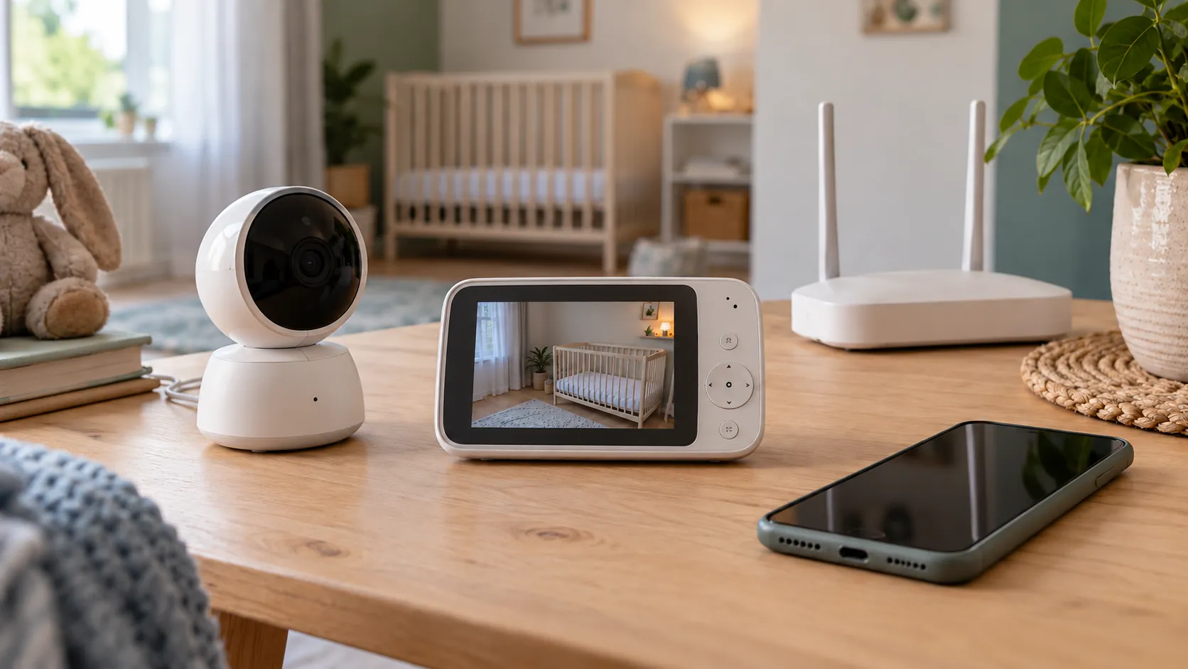 Symbolische Kamera, Elterneinheit, Smartphone und Router auf einem Tisch