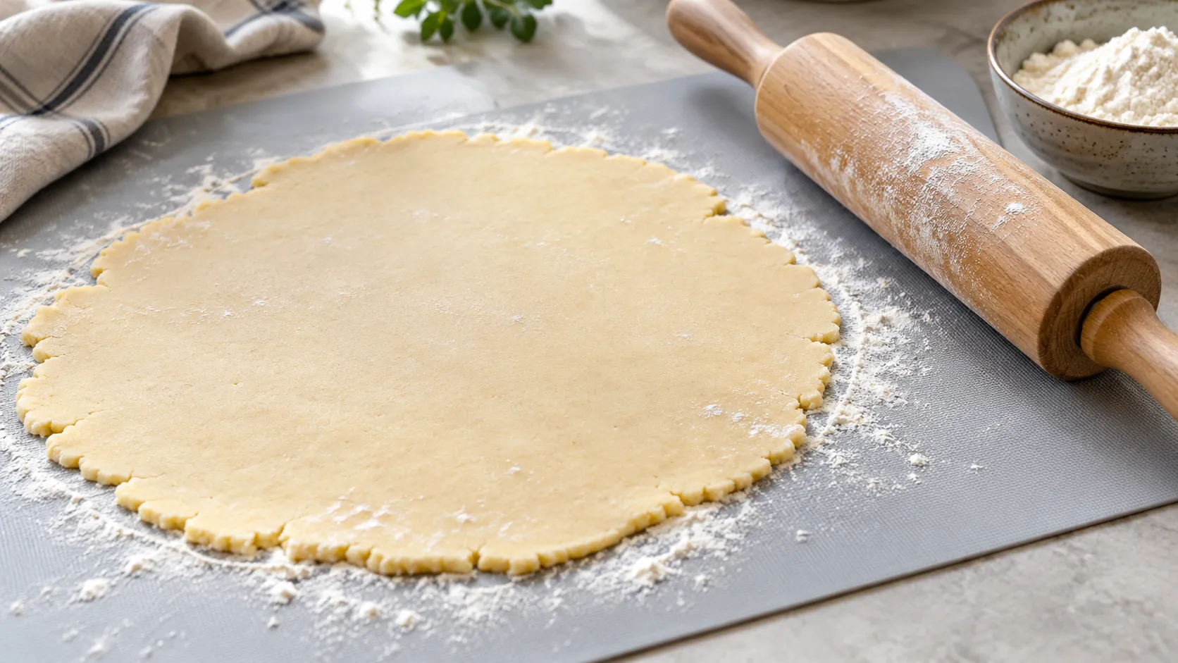 Ausgerollter Plätzchenteig auf einer Unterlage neben Holzrolle und Mehlschüssel