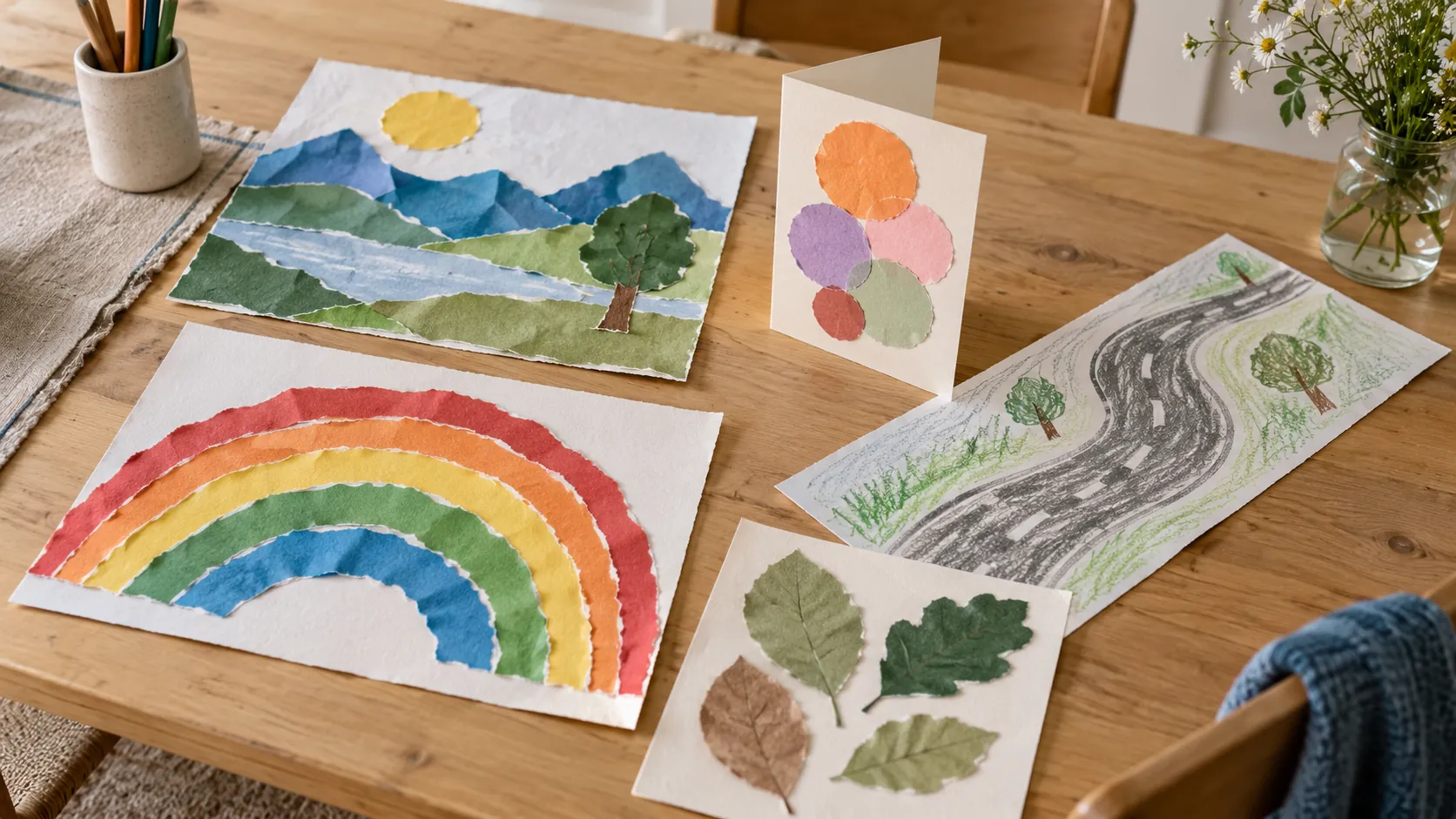 Papierlandschaft, Grußkarte, Papierstraße, Regenbogen und Blätterbild auf einem Tisch
