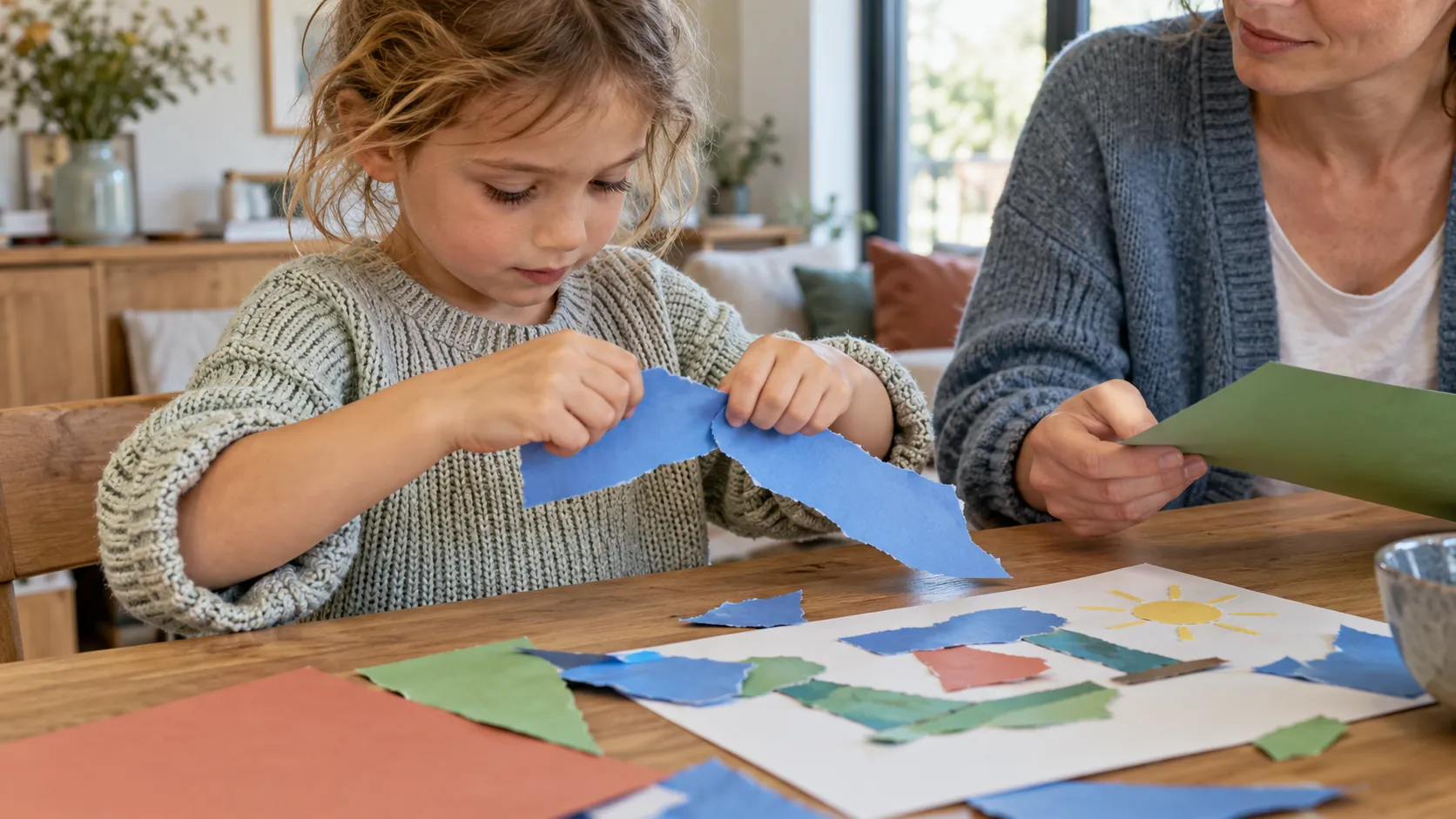 Kind reißt blaues Papier, während ein Elternteil daneben ein grünes Blatt hält