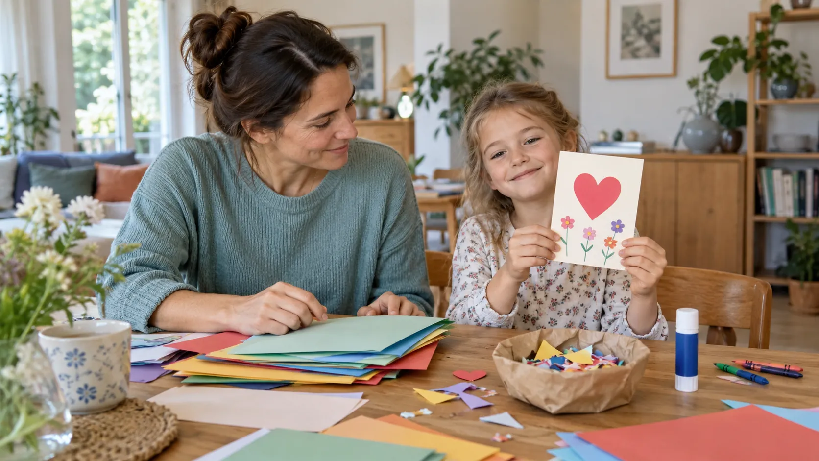 Kind zeigt eine selbst gebastelte Karte neben sortierten Papieren und Papierschnipseln