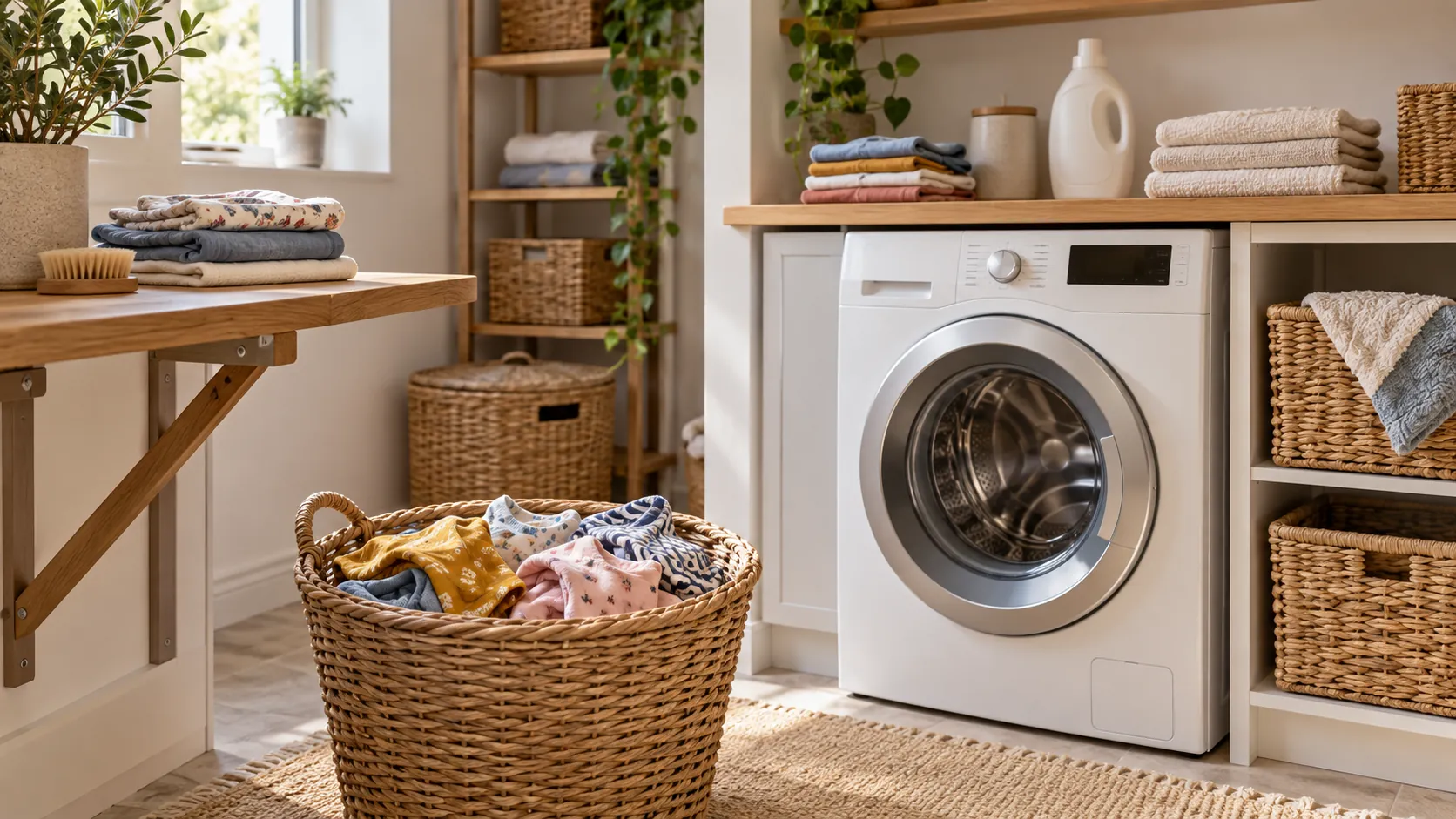 Waschplatz mit Kinderkleidung im Wäschekorb und gefalteter Wäsche