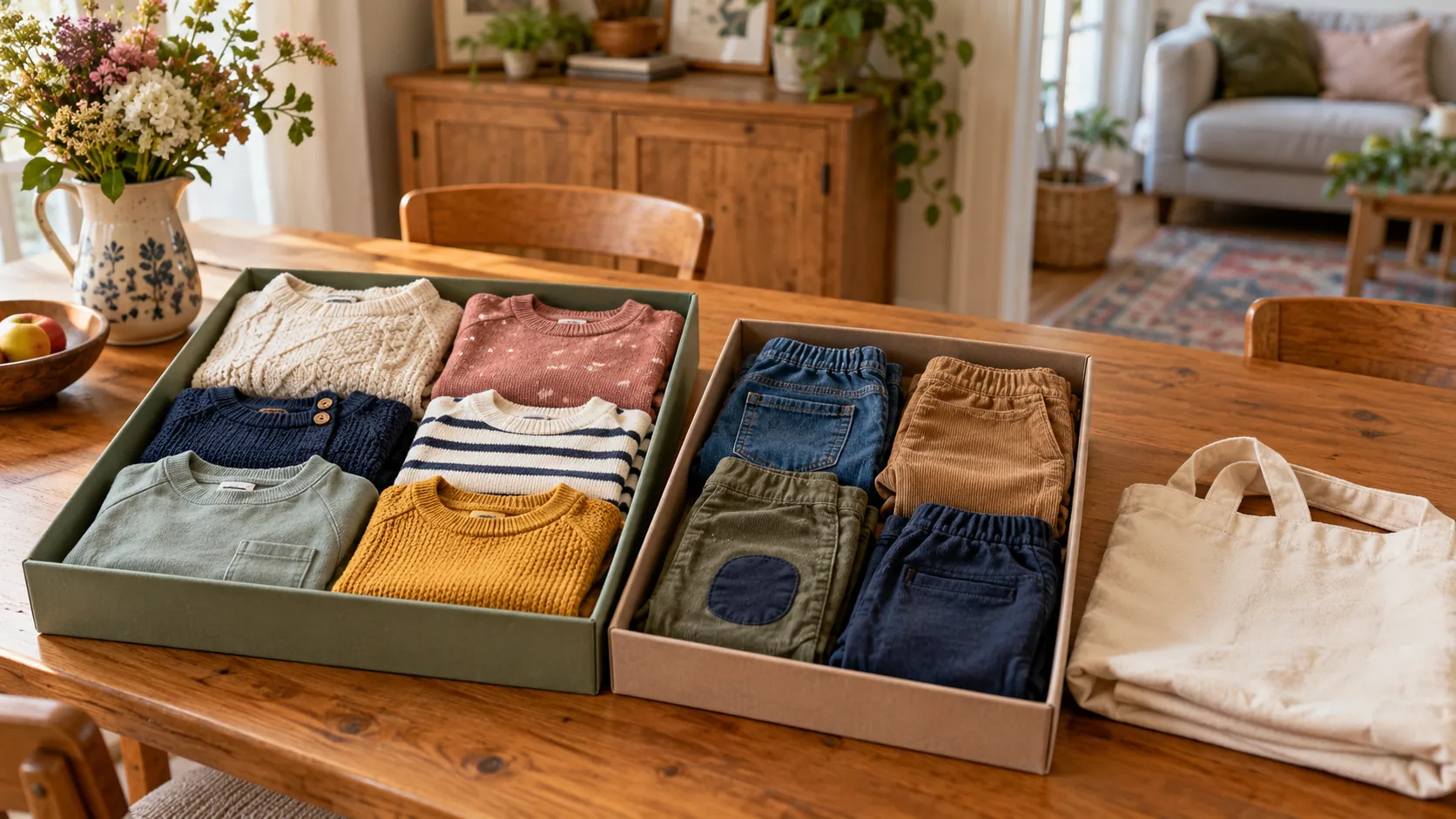 Sortierte Kinderkleidung mit reparierter Hose zum Weitergeben
