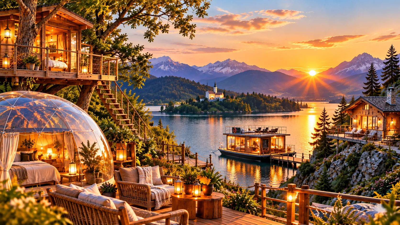 Außergewöhnliche Unterkünfte mit Baumhaus, Glaskuppel, Hausboot und Berghütte in einer stimmungsvollen Seenlandschaft