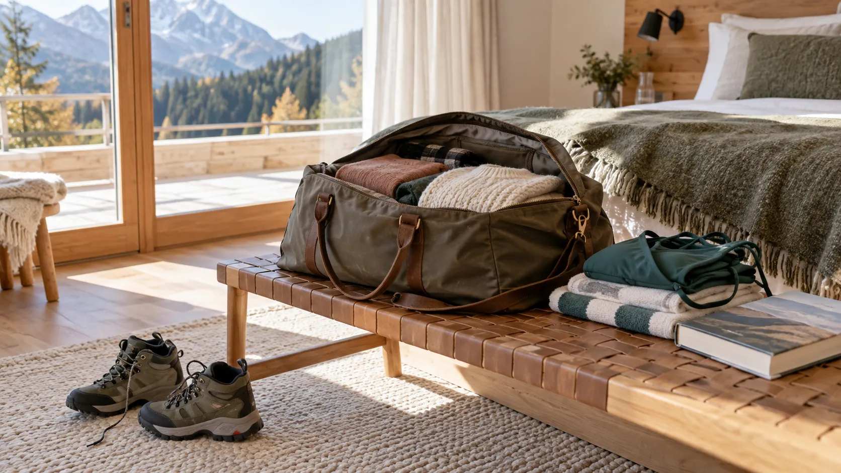 Reisetasche und gefaltete Kleidung auf einer Bank, Wanderschuhe stehen davor