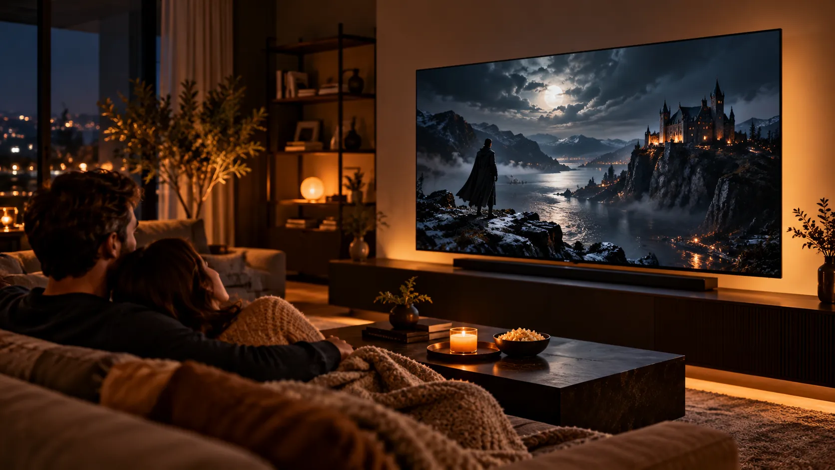 Paar schaut am Abend einen kontrastreichen Film auf einem großen Fernseher in einem abgedunkelten Wohnzimmer