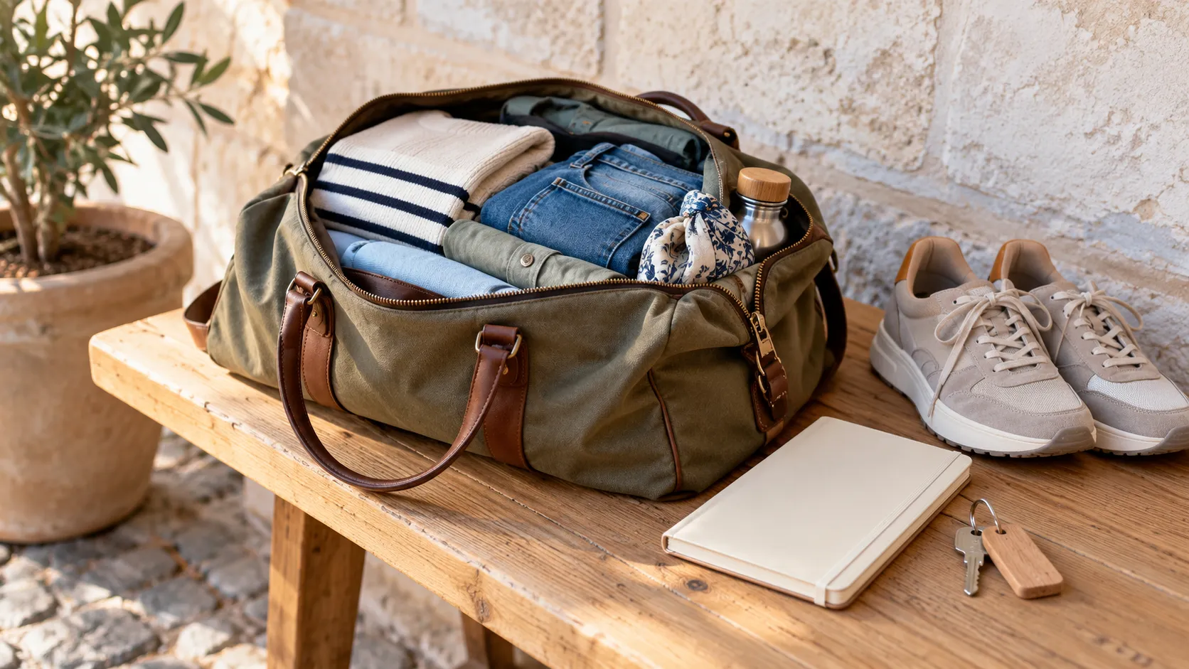 Wochenendtasche, bequeme Schuhe und ein geschlossenes Notizbuch für die Planung einer kurzen Städtereise