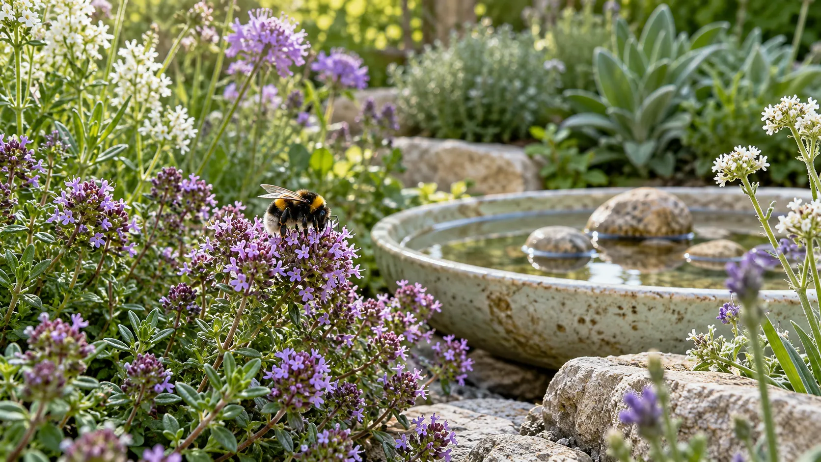 Hummel auf violetten Thymianblüten neben einer flachen Wasserschale mit Steinen.