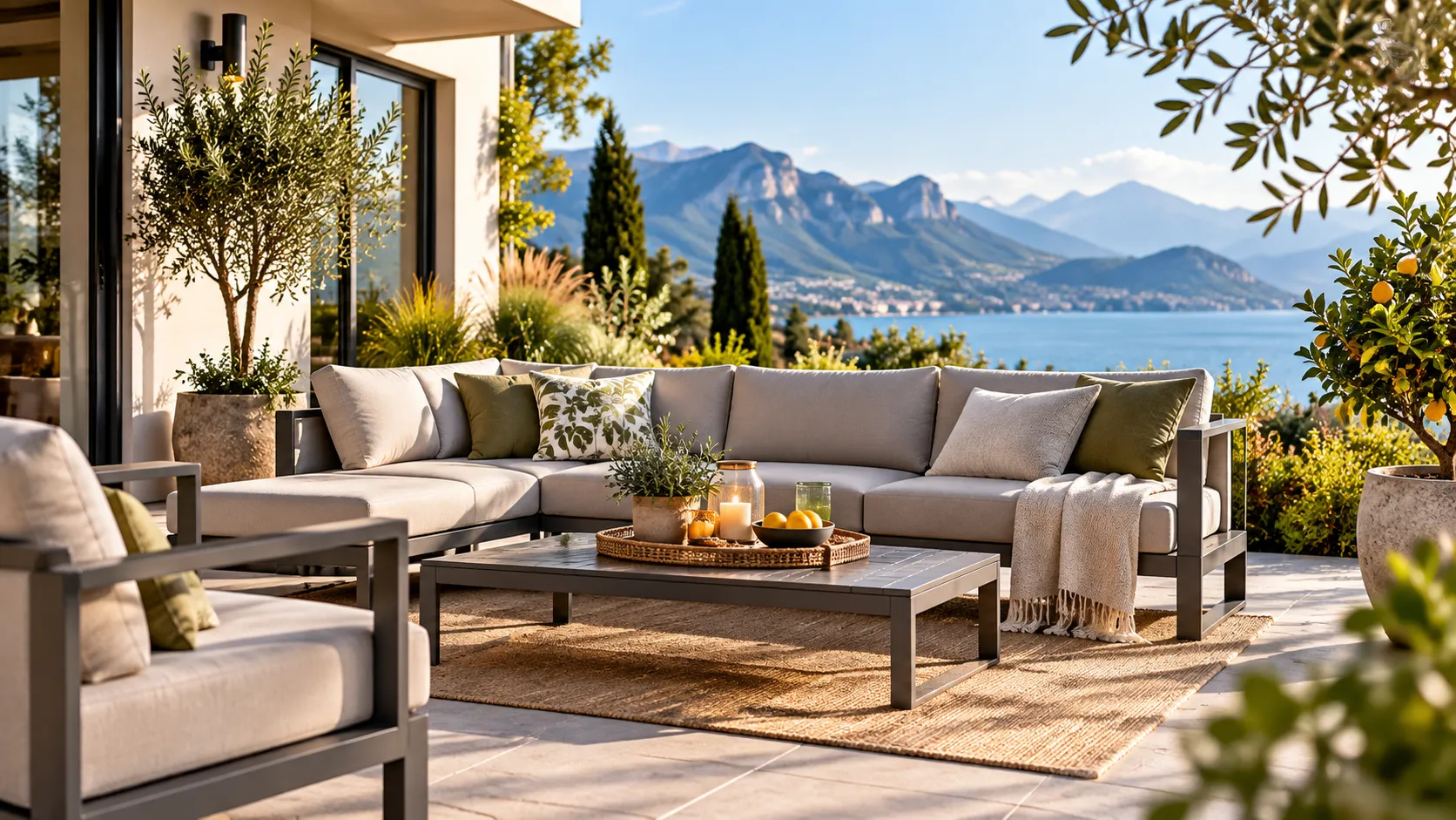Moderne Aluminium-Lounge mit hellen Polstern auf einer sonnigen Terrasse