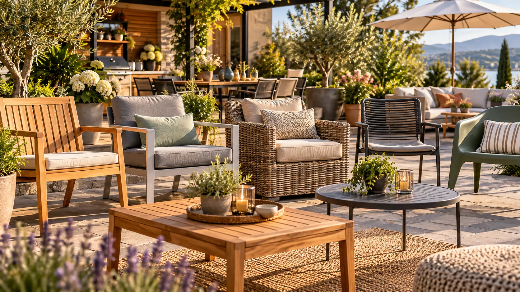Verschiedene Gartenmöbel aus Holz, Metall, Geflecht und Kunststoff auf einer sonnigen Terrasse