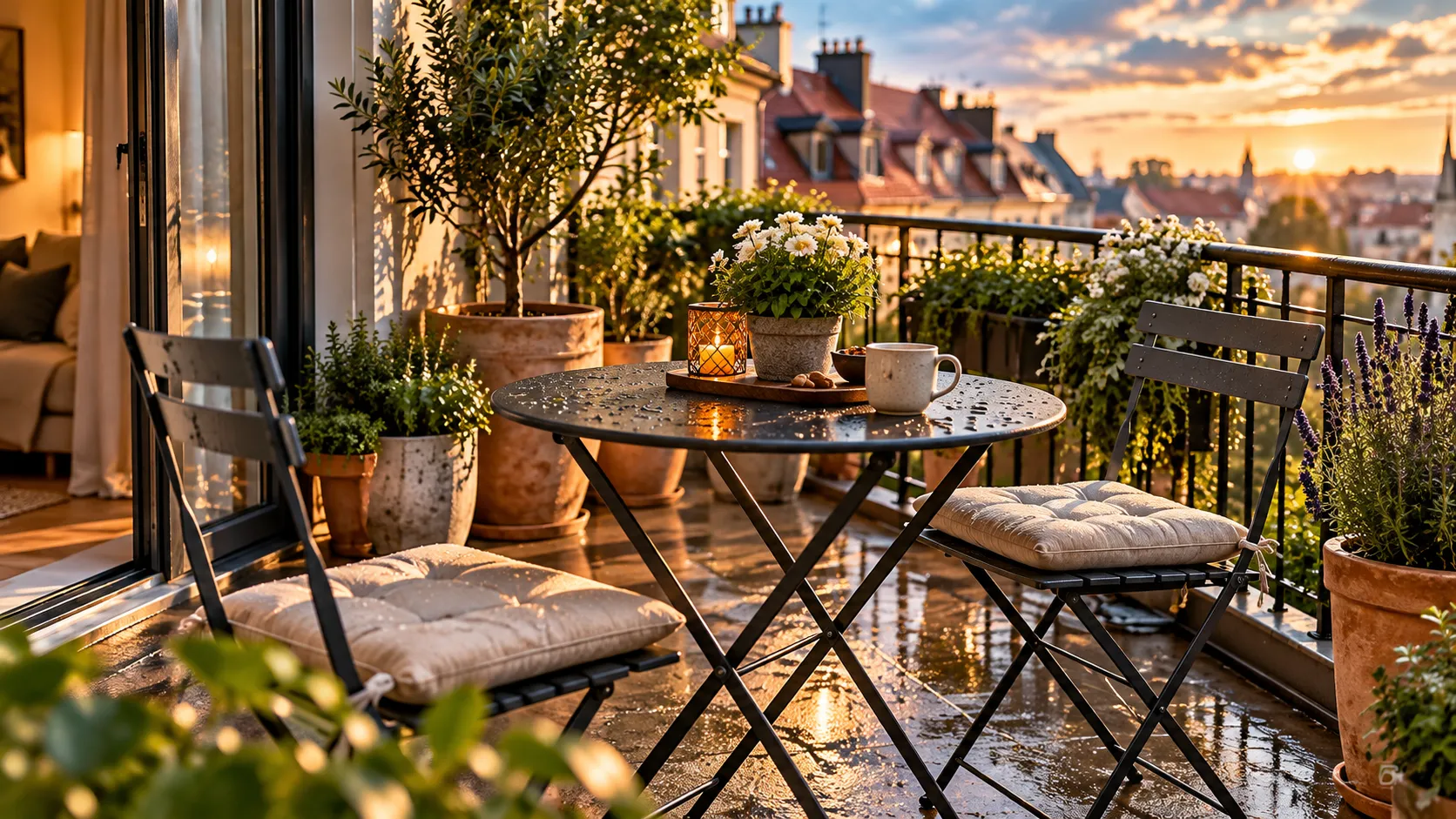Kleines Metall-Bistroset auf einem bepflanzten Balkon nach einem Regenschauer