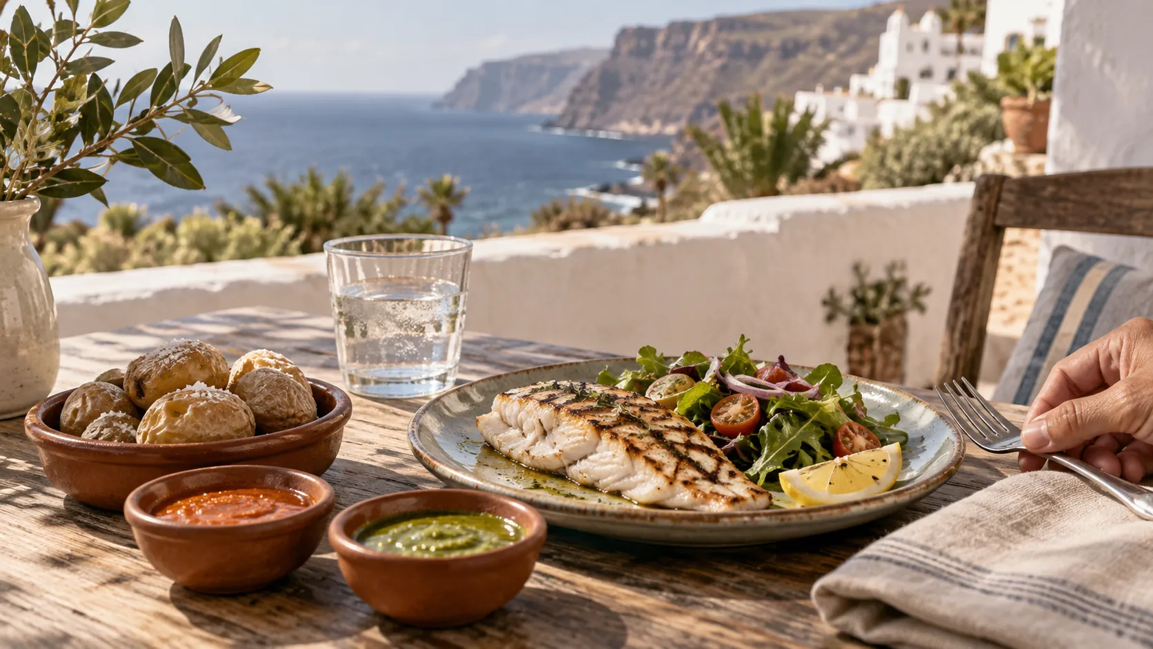 KI-Symbolbild: Fisch, Papas arrugadas und Mojo auf einer Terrasse