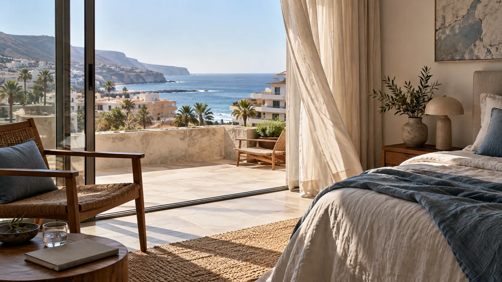 KI-Symbolbild: Helles Hotelzimmer mit Terrasse und Meerblick, kein konkretes Hotel