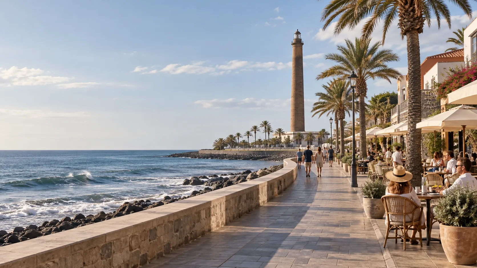KI-Symbolbild: Küstenpromenade mit Leuchtturm im Stil von Maspalomas und Meloneras