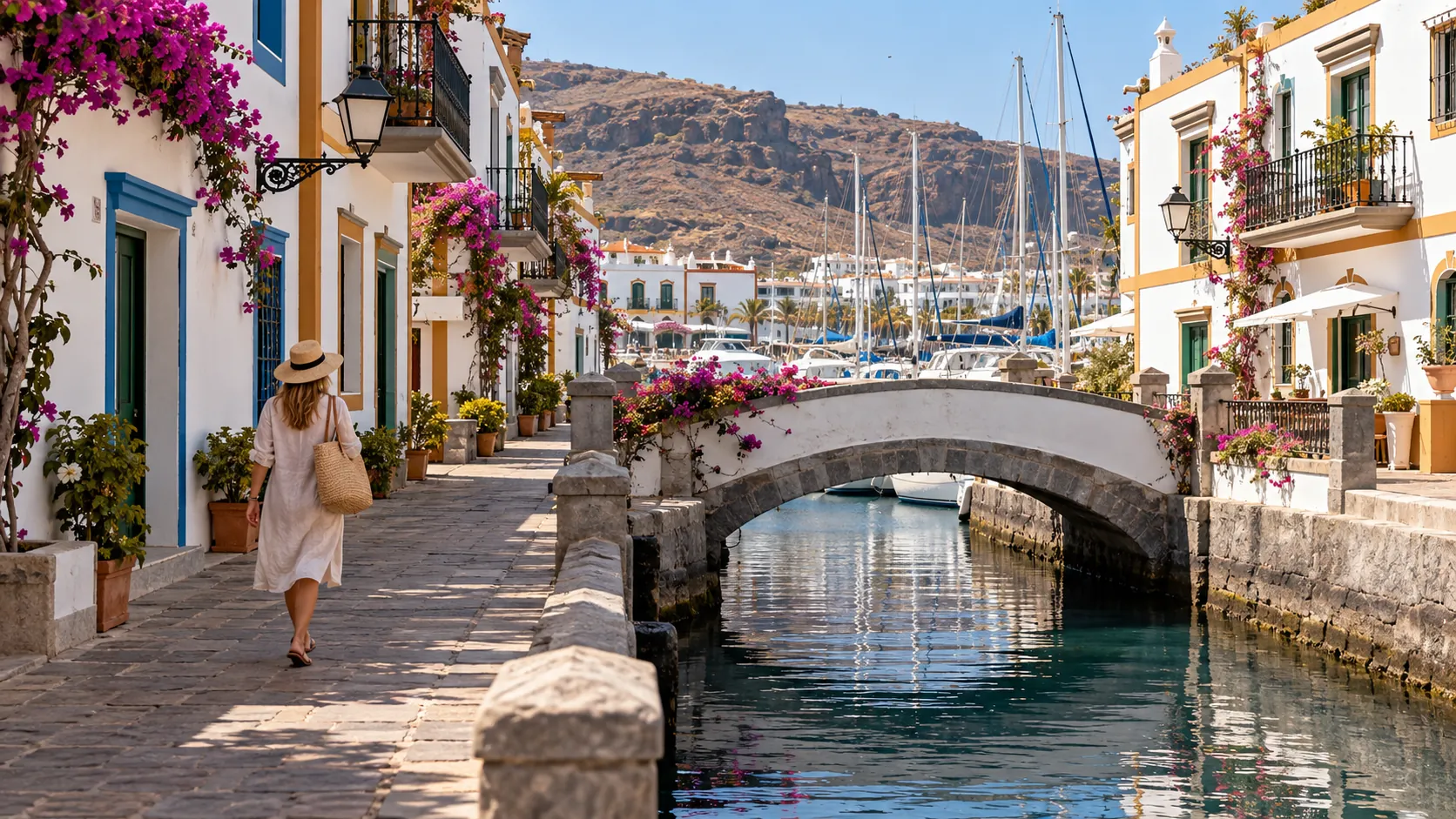 KI-Symbolbild: Blumengeschmückte Gasse und kleiner Kanal im Stil von Puerto de Mogán