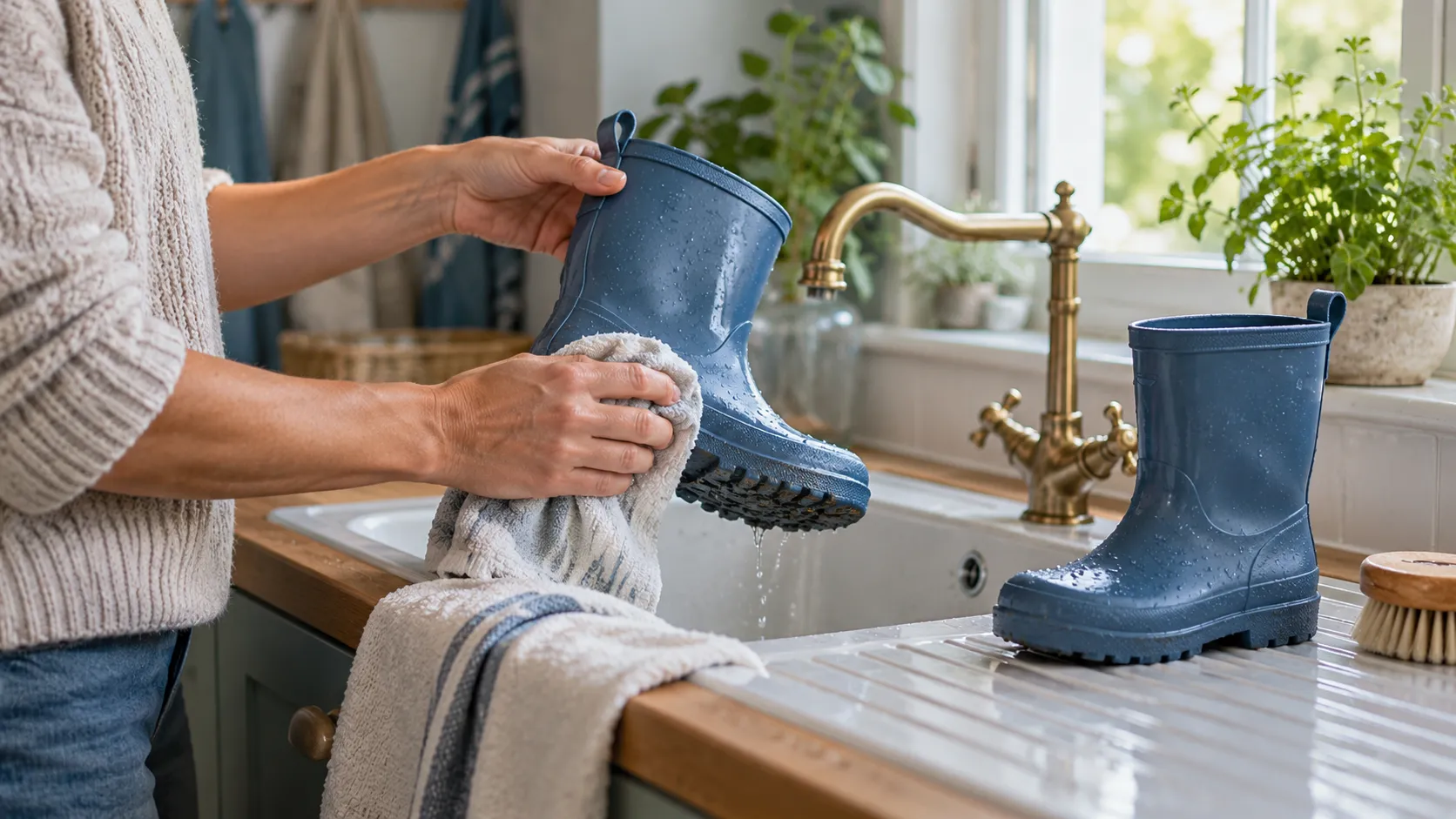 Erwachsene Hände reinigen einen blauen Kinder-Gummistiefel mit einem Tuch am Waschbecken