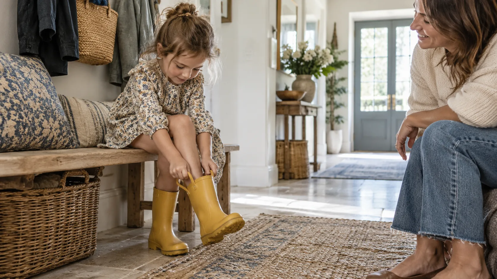 Kind zieht auf einer niedrigen Bank gelbe Gummistiefel an